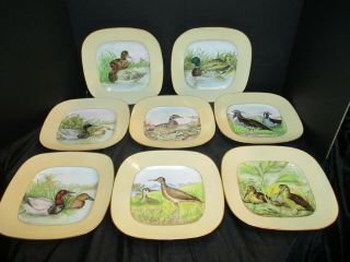 Antiques Hand Painted French M Redon Limoges 8 Different Game Bird Square Plates