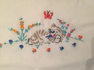 Vintage Embroidered Kitten Cat Dresser Scarf Runner Butterfly Crochet Trim