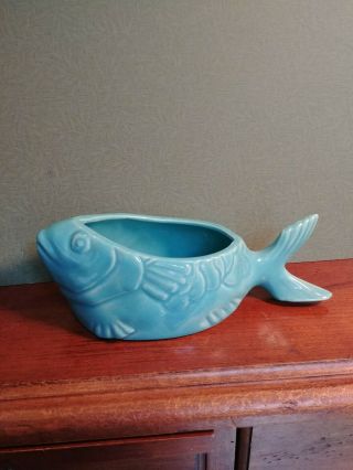 Vintage Bauer Usa Pottery Chicken Of The Sea Tuna Baker Salad Server Blue Green