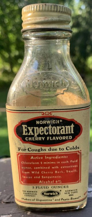 Vintage The Norwich Pharmacal Co Glass Expectant Cough Medicine Bottle York