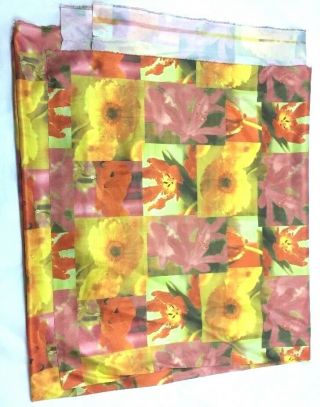 Vintage 70s Floral Fabric Oranges Yellows Block Print One way stretch 62 