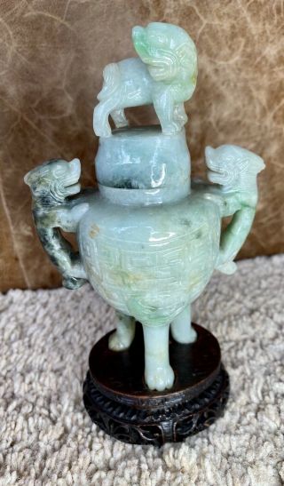 A Rare 19th Century Chinese Carved Jadeite Censer And Wood Stand