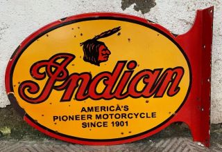 Vintage " Indian Motorcycle " Porcelain Enamel Sign Double Sided 23 " X16 " X2 "