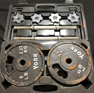 Vintage York Barbell Weight Set 8 Weight Plates Two Bars Case