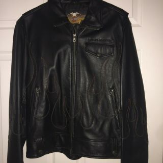 Rare Harley Davidson Mans “flames” Black Leather Jacket,  Large
