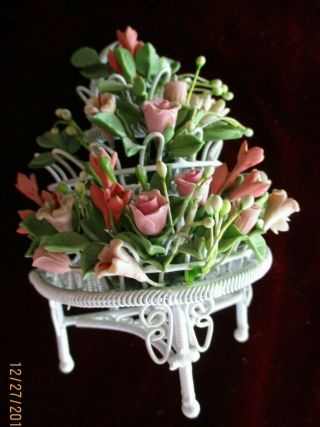 Dollhouse Miniature White Wire 3 Tier Stand Full Of Flowers, .  Roses.  Wedding?