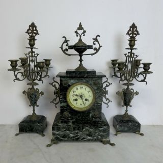 Late 19th Century French Marble Mantle Clock & Candelabra Garniture