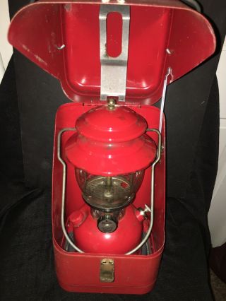 Rare Red Coleman 200a Lantern With Metal Clam Shell Case,  Accessory Shelf