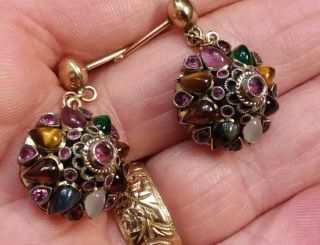 Antique 14k Yellow Gold Ruby Moonstone Emerald Thai Princess Harem Earrings