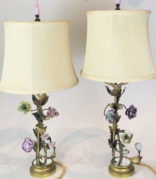 Antique Gilt Bronze Boudoir Lamp Porcelain Flowers & Finials Oval Mirror Base