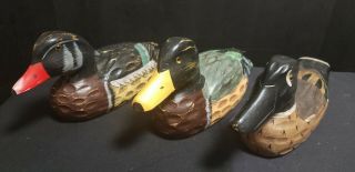 3 Vtg Wood Carved Decoy Ducks Glass Eyes Pin Tail Hand Painted Heritage 12 "