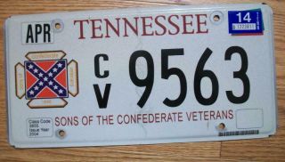 Single Tennessee License Plate - 2014 - Cv9563 - Sons Of Confederate Veterans