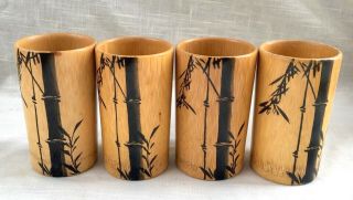 Set Of 4 Vintage Mid - Century Hand Painted Large Bamboo Wood Tiki Tumblers,  Japan