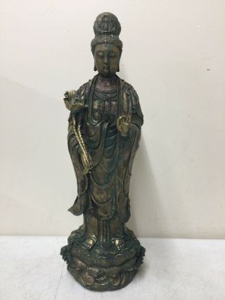 Antique 19” Kuan Yin Chinese Brass Bronze Standing Statue Quan Lin Great Patina