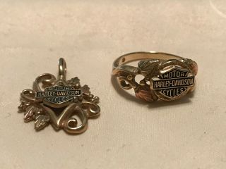 Vintage Harley Davidson Matching Black Hills Gold Ring And Pendant