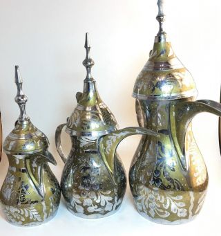 Arabic Beduin Copper Brass Dallah Coffee Tea Pot Middle East Stamped (set Of 3).