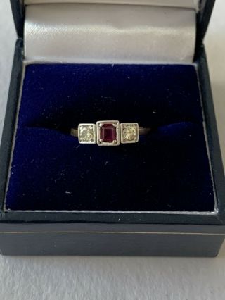 Antique 18ct Gold Ruby & Diamond Ring Art Deco Style Size I