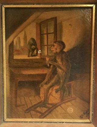 Unusual Antique 19th Century Victorian Oil Painting Monkey & Cat Signed Bagley ?