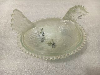 Vintage Hen On Nest Clear Glass Large Covered Candy Dish With Milk Glass Egg