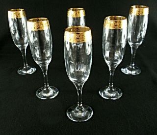 Rare Antique Baccarat Flawless Crystal 6 X Champagne Goblet W/ Wide Gold Band