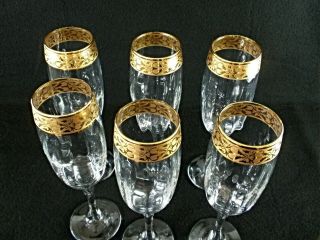 Rare Antique BACCARAT Flawless Crystal 6 x Champagne Goblet w/ Wide Gold Band 2