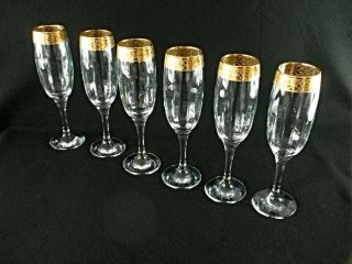 Rare Antique BACCARAT Flawless Crystal 6 x Champagne Goblet w/ Wide Gold Band 3