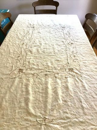 Vintage Ivory Linen Cut Work Table Cloth With Floral Design 80” Long X 64” Wide