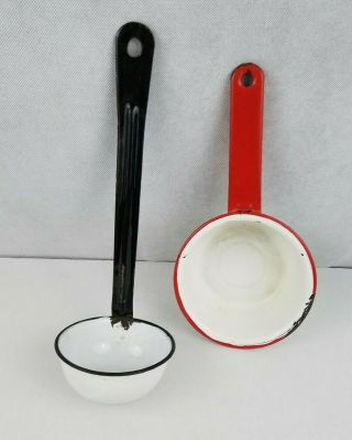 Vtg Enamel Small Pot With Handle White And Red And Black/white Ladle Primitive