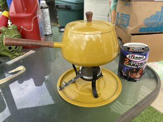 Vtg Fondue Set Pot Stand Burner Wood Handle