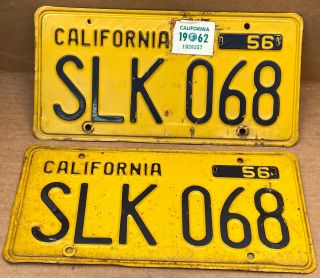 Rare Pair 1956 Dmv Clear Slk 068 (california) Car License Plate - Vintage