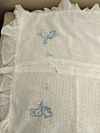 Handmade Vintage Nursery Pillow Cover - White Dotted Swiss & 2 Bunnies 15 " X 11 "