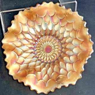 Vintage Dugan Carnival Glass Marigold Fish Scale & Beads Ruffled Edge Bowl