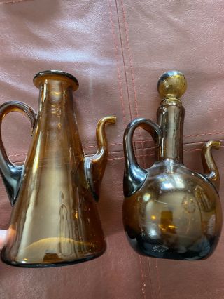 Vintage Possibly Antique Golden Brown Amber Glass Vase Decanter Set Of 2