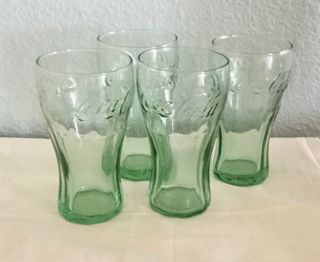 Set Of 4 Vintage Green Glass Coca Cola Coke 4 1/2 " Mini Glass
