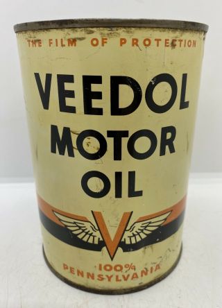 Old Tide Water Oils Co.  Vintage Veedol Motor Oil 1 Quart Advertising Tin Can