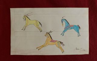 Native American Indian Signed 1929 Ledger Art Drawing On Antique Ledger Page