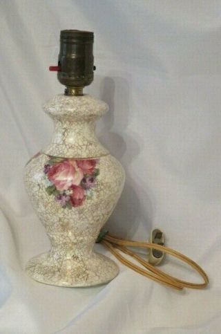 Vintage Small Ceramic Table Lamp Painted Reds Roses & Violets W/ Gold 40s
