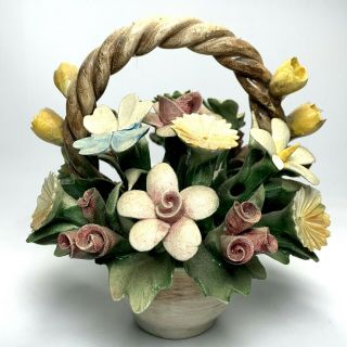 Vtg Italy Capodimonte Porcelain Handmade Flower Basket 5 " H X 6 " W