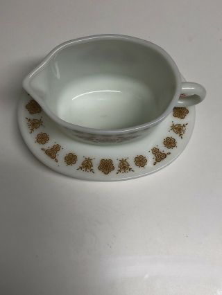 Vtg Corelle Corning GRAVY/SAUCE BOAT With UNDERPLATE Butterfly Gold Pyrex EUC 2