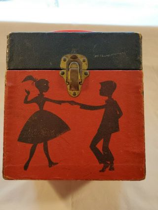 Vintage 45 Rpm Record Carry Case - Red With Dancing Couple On Front Plus 8 45 