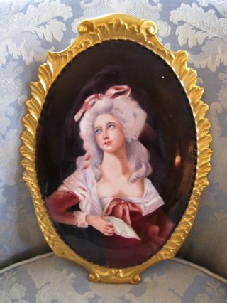 Antique Hand Painted Limoges Portrait Plaque; Victorian Lady With Letter In Hand