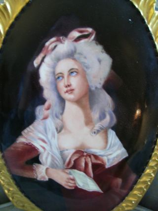Antique Hand Painted Limoges Portrait Plaque; Victorian Lady With Letter in Hand 2