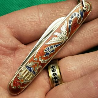 Antique Sterling Silver Enamel Pen Fob Folding Pocket Knife Knives Voos Germany