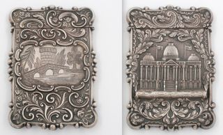 Antique American Coin Silver Castle Top Calling Card Case,  Capitol,  River Bridge