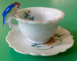 Vintage Japanese Porcelain Miniature Parrot Handle Tea Cup & Saucer