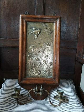 A Fantastic Arts And Crafts Double Wall Candelabra Repousse Brass