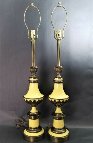 Set Of 2 Stiffel Vintage Lotus Enamel Brass Trophy Urn Lamps Hollywood Regency