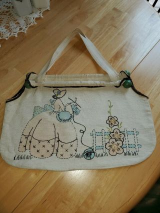 Cute Vintage Knitting Sewing Bag Tote With Cross Stitch Designs Wooden Staves