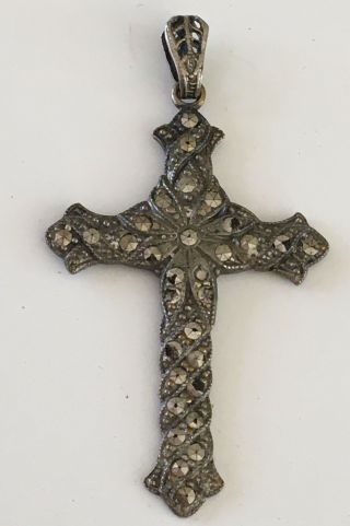 Lg 2 " Antique Vintage Sterling Silver Marcasite Cross Pendant W/ Lord 