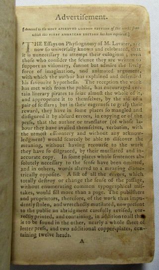 Antique 1794 ESSAYS ON PHYSIOGNOMY Medicine 1ST AMERICAN ED Phrenology LAVATER 3